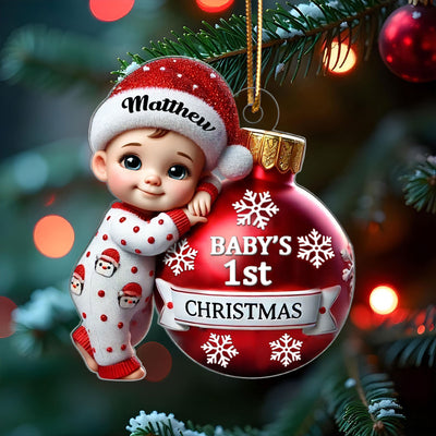 Baby Holding Bauble First Christmas Personalized 2D Flat Acrylic Ornament, Christmas Gift for New Mom, New Dad, Baby Keepsake