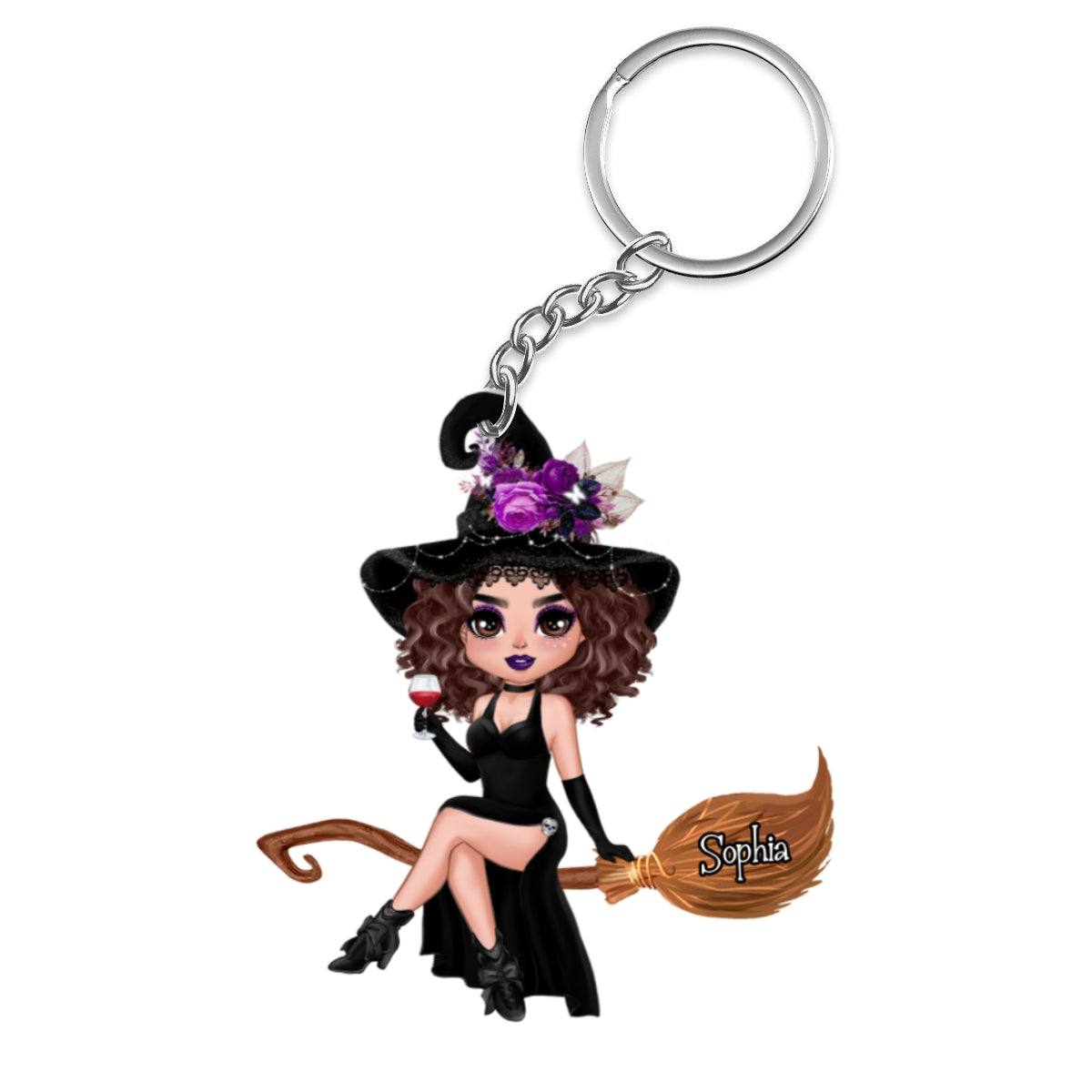 Custom Character Halloween Doll Witch On Broom Gift For Best Friend Gift For Mom Grandma Personalized Acrylic Keychain