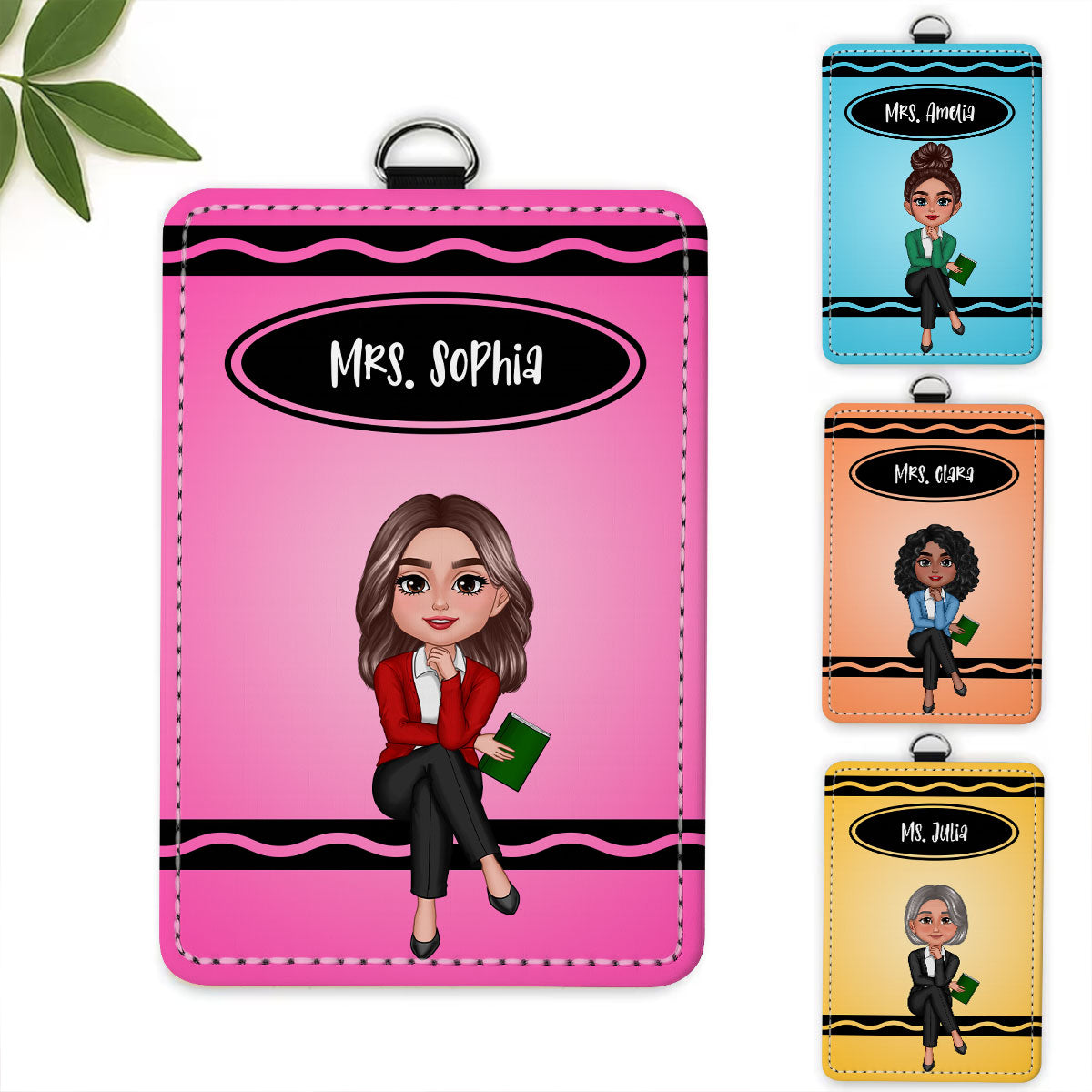 Crayon Themed Teacher Sitting Personalized ID Badge Holder, Back To School Gift