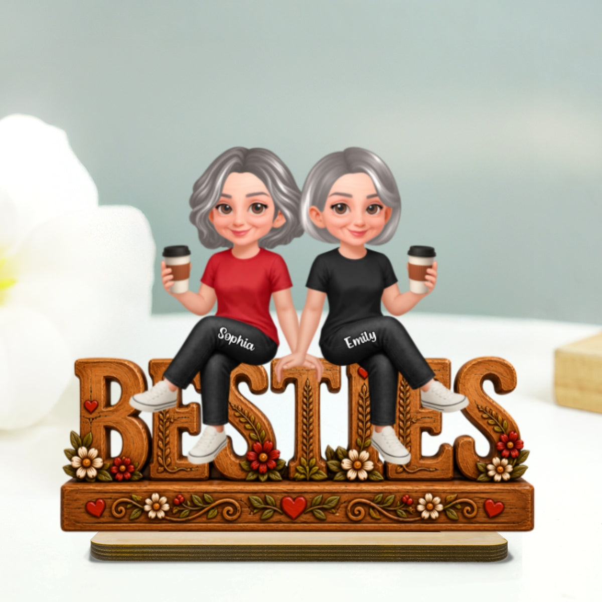 Floral Besties Forever Friends Forever - Personalized 2-Layered Wooden Plaque - Birthday Gift, Gift For Best Friends
