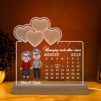 Old Doll Couple Under 3D Heart Anniversary Date Calendar Personalized Custom Shape Acrylic Plaque Warm LED Night Light