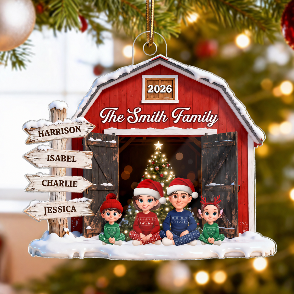 3D Effect Christmas Nostalgia Barn House Family Sign Posts Family Together - Personalized Acrylic Ornament - Gift For Family, Farmhouse Decor