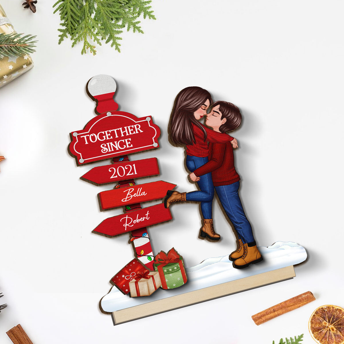 Christmas Couple Kissing Sign Personalized Standing Wooden Plaque