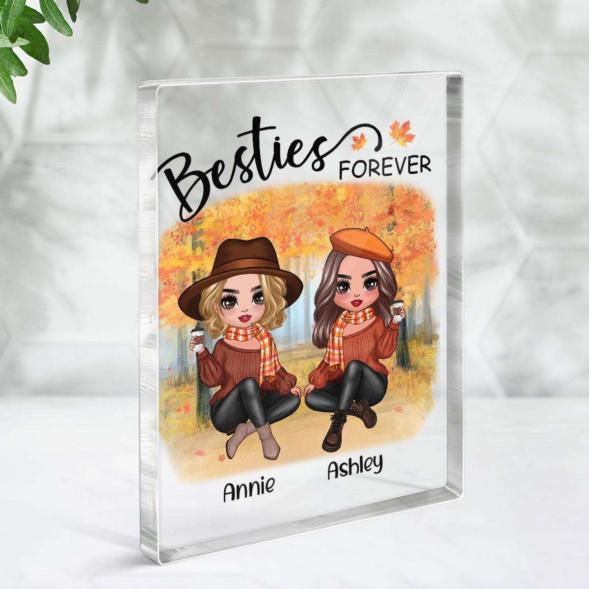 Doll Best Friends Besties Sitting Fall Season Personalized Rectangle Acrylic Block Plaque