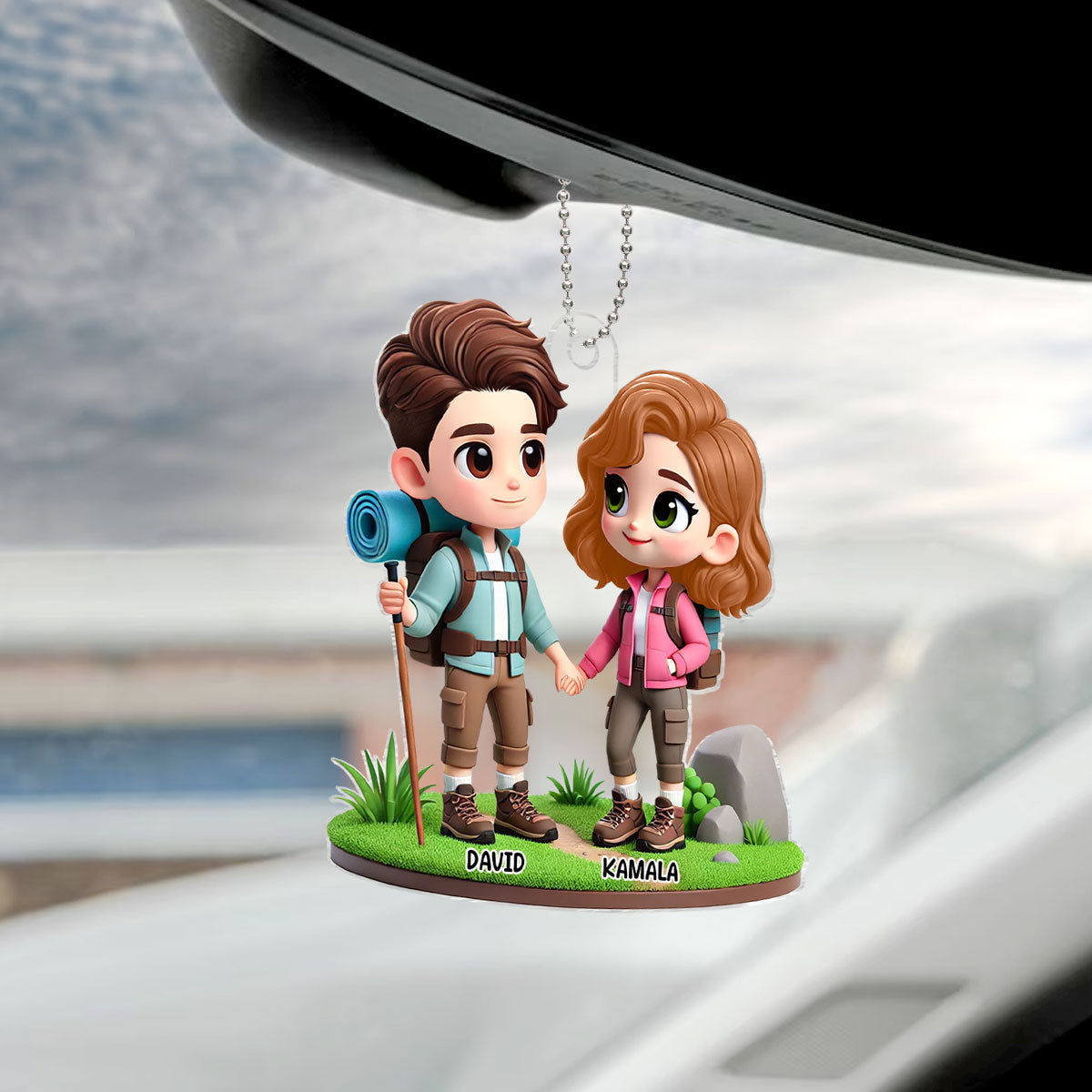 3D Effect Cute Cartoon Hiking Couple Personalized Acrylic Car Hanger, Rear View Mirror, Anniversary, Birthday Gift for him, for her