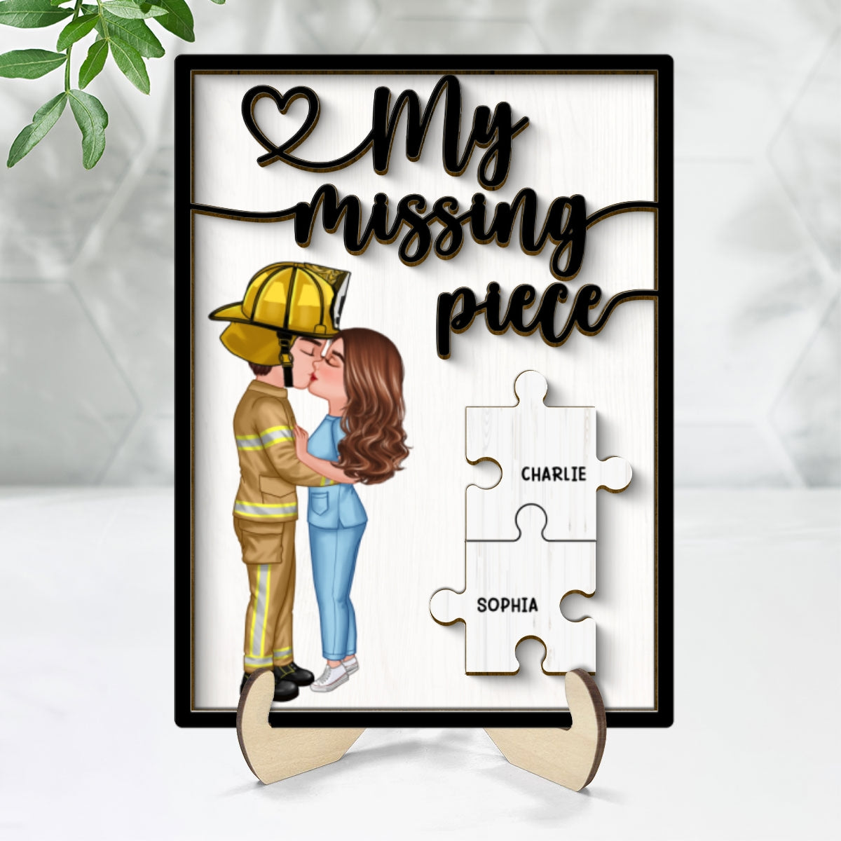 Couple Kissing My Missing Piece Valentine‘s Day Gifts by Occupation Gift For Her Gift For Him Firefighter, Nurse, Police Officer Personalized 2-Layer Wooden Plaque