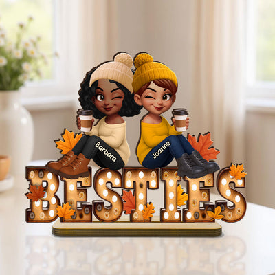 Fall Besties Sitting On Text Marquee Effect Personalized Standing Wooden Plaque, Meaningful Gift For Best Friends