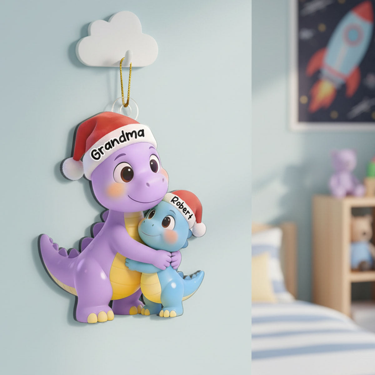 3D Effect Heartwarming Happy Grandmasaurus With Dinosaur Grandkid - Personalized Acrylic Car Hanger - Gift For Grandkids