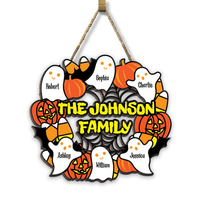 Halloween Family Wreath Shaped Personalized Wood Sign