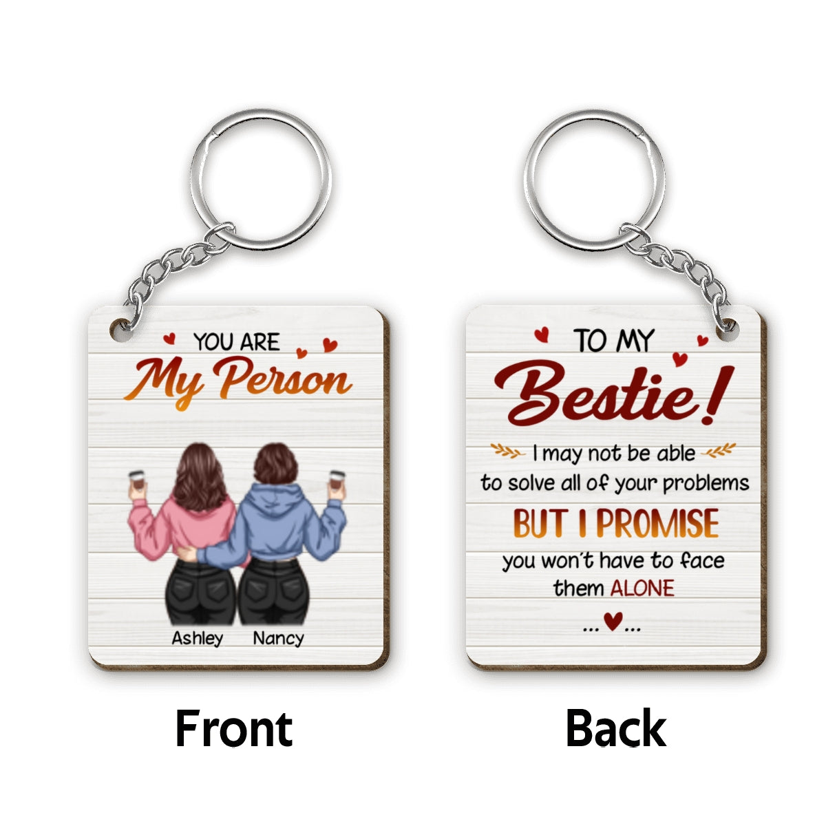 Back View Besties You Are My Person Personalized Wooden Keychain