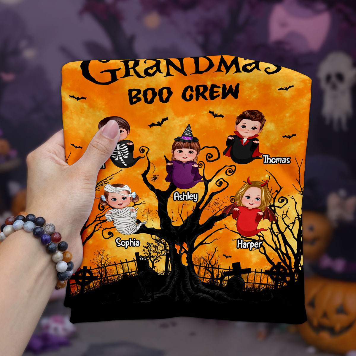 Grandma's Boo Crew Moon Bat Tree Theme Personalized Shirt, Perfect Halloween Costume for Grandma