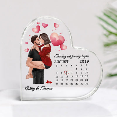 Man Holding Woman Kissing Calendar Anniversary Date Anniversary Personalized Heart Shaped Acrylic Plaque