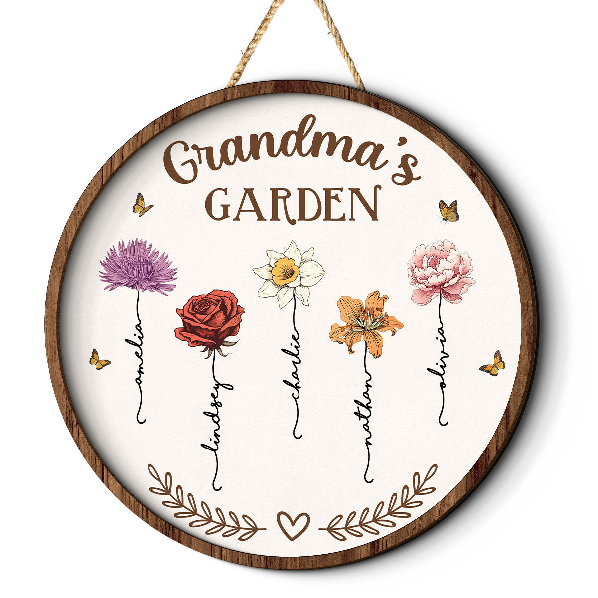 Grandma's Garden Love Grows Here, Birth Month Flower Personalized 2-Layer Wooden Door Sign