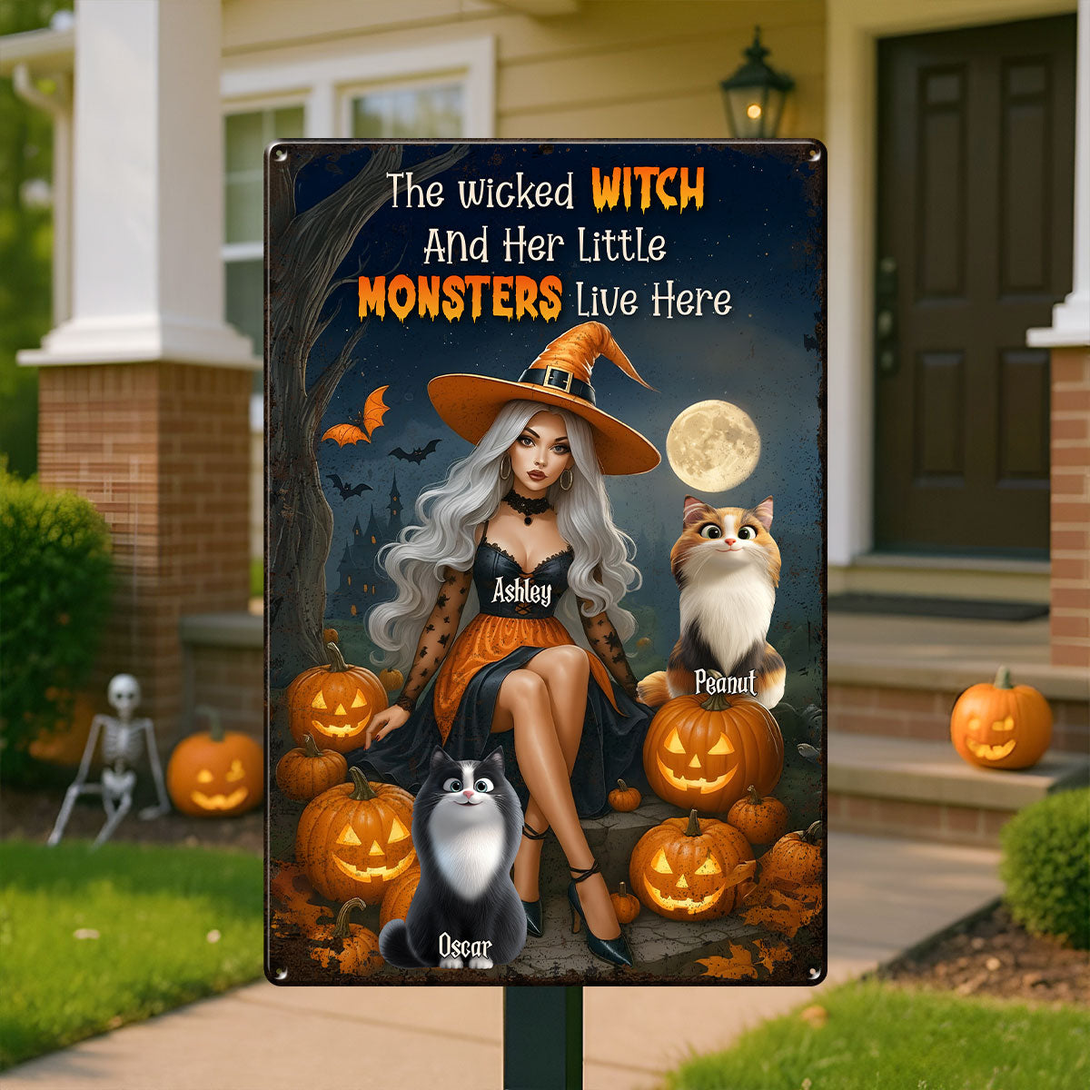 The Wicked Witch and Her Little Monster Live Here Personalized Metal Sign, Halloween Decor for Cat Lovers
