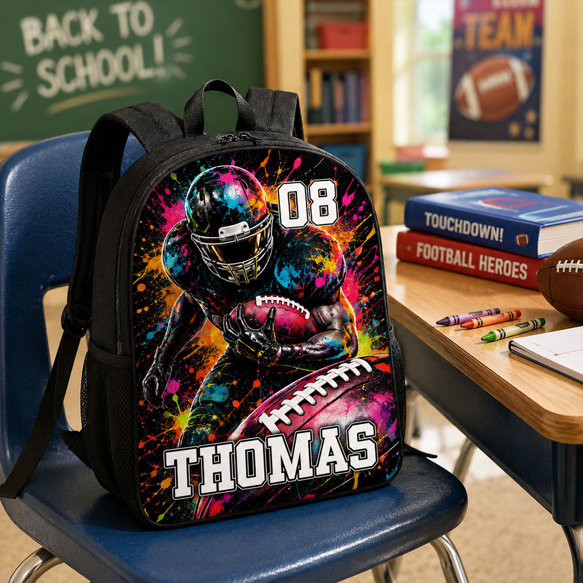 Watercolor Splash American Football Custom Name & Number - Personalized Backpack - Back To School Gift For Football Lovers, Kid Boy, Son, Grandson