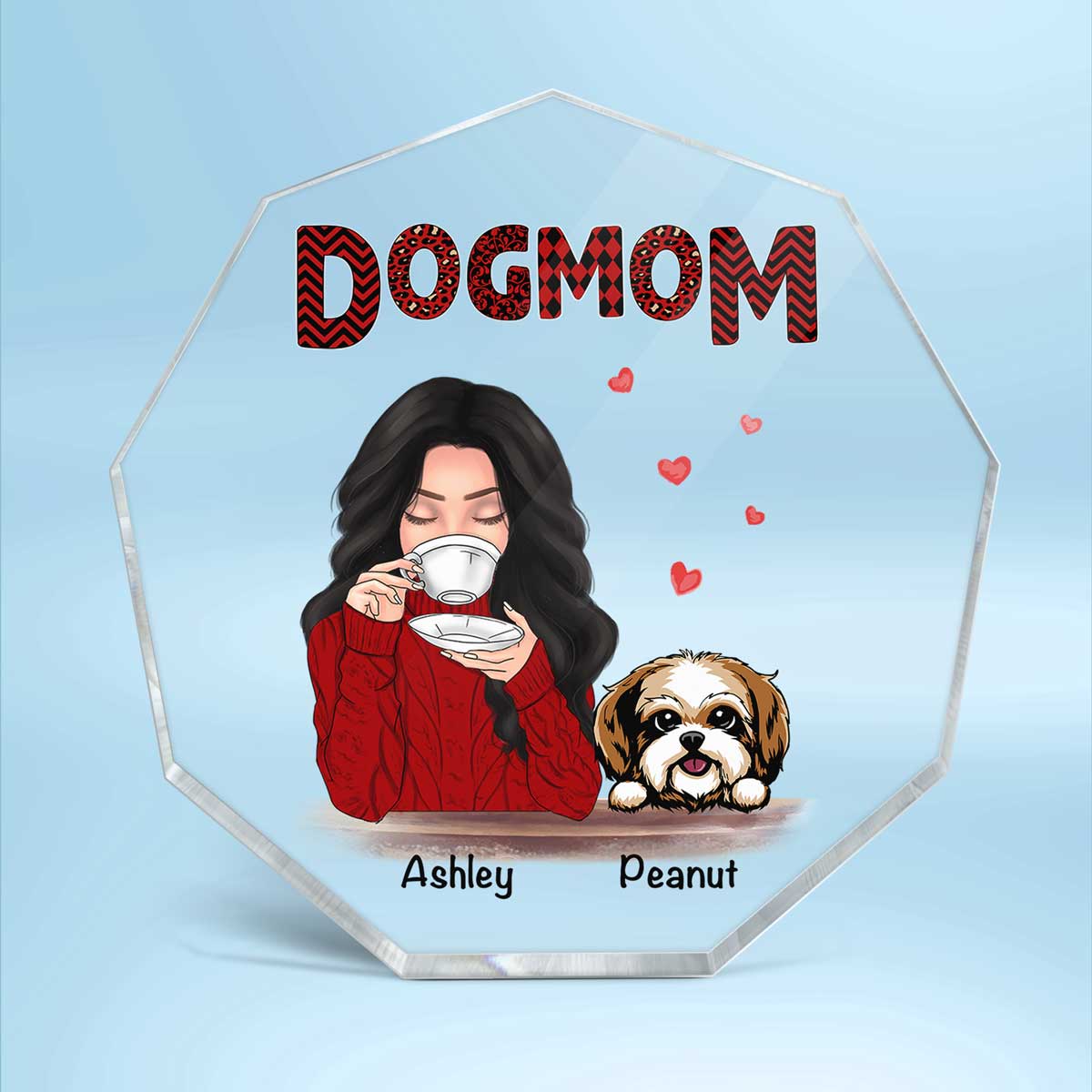 Dog Mom Red Patterned Personalized Nonagon Acrylic Plaque