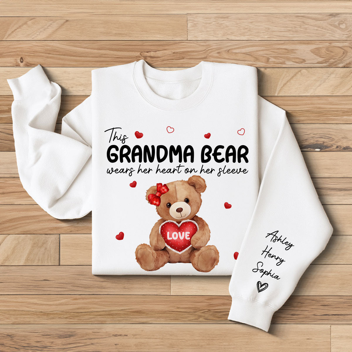 Grandma Mom Auntie Bear Wears Her Heart On Her Sleeve Personalized Sleeve Printed Sweatshirt