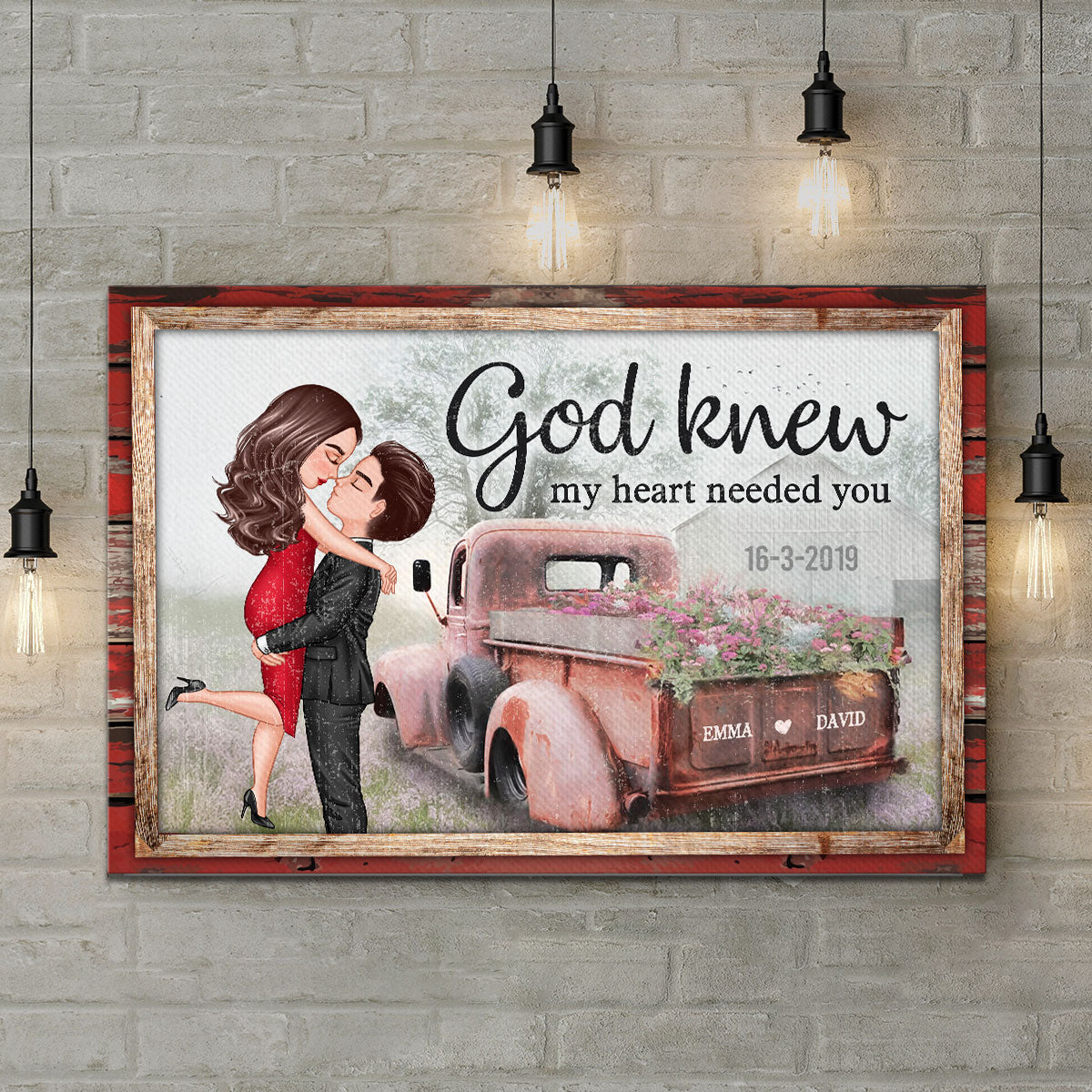 Red Vintage Truck Farmhouse Couple Hugging Kissing Personalized Canvas Print, Anniversary  Gift For Him, For Her
