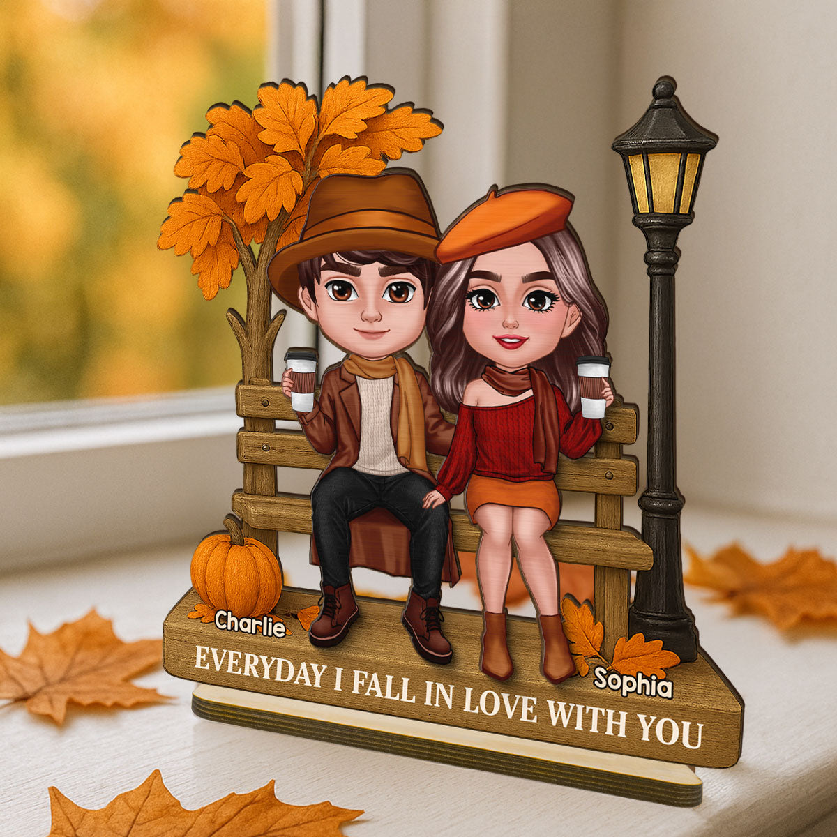 3D Effect Fall Season Couple Sitting On The Bench Personalized 2-Layer Standing Wooden Plaque