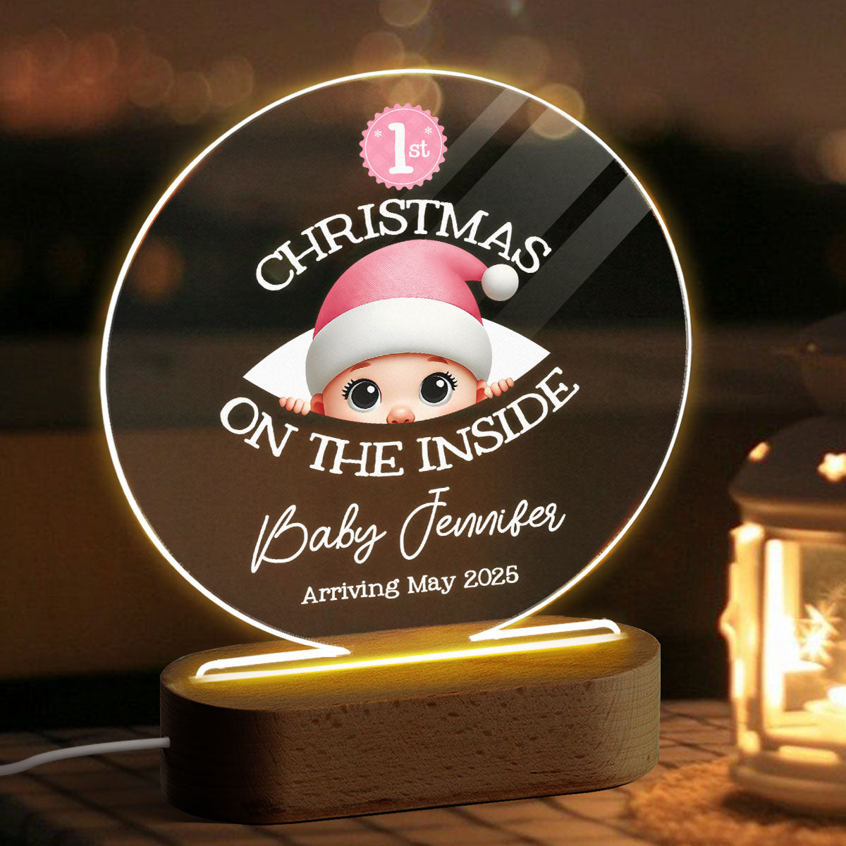 Personalized Baby's First Christmas On the Inside Acrylic LED Night Light, Custom Pregnancy Reveal LED, Expecting Parents