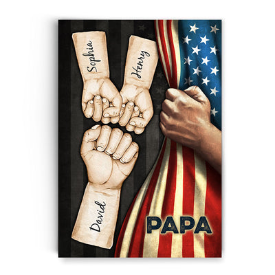Grandpa Dad Fist Bump Hand Pulling American Flag Personalized Poster, Father's Day Gift for Dad, for Grandpa, for Husband