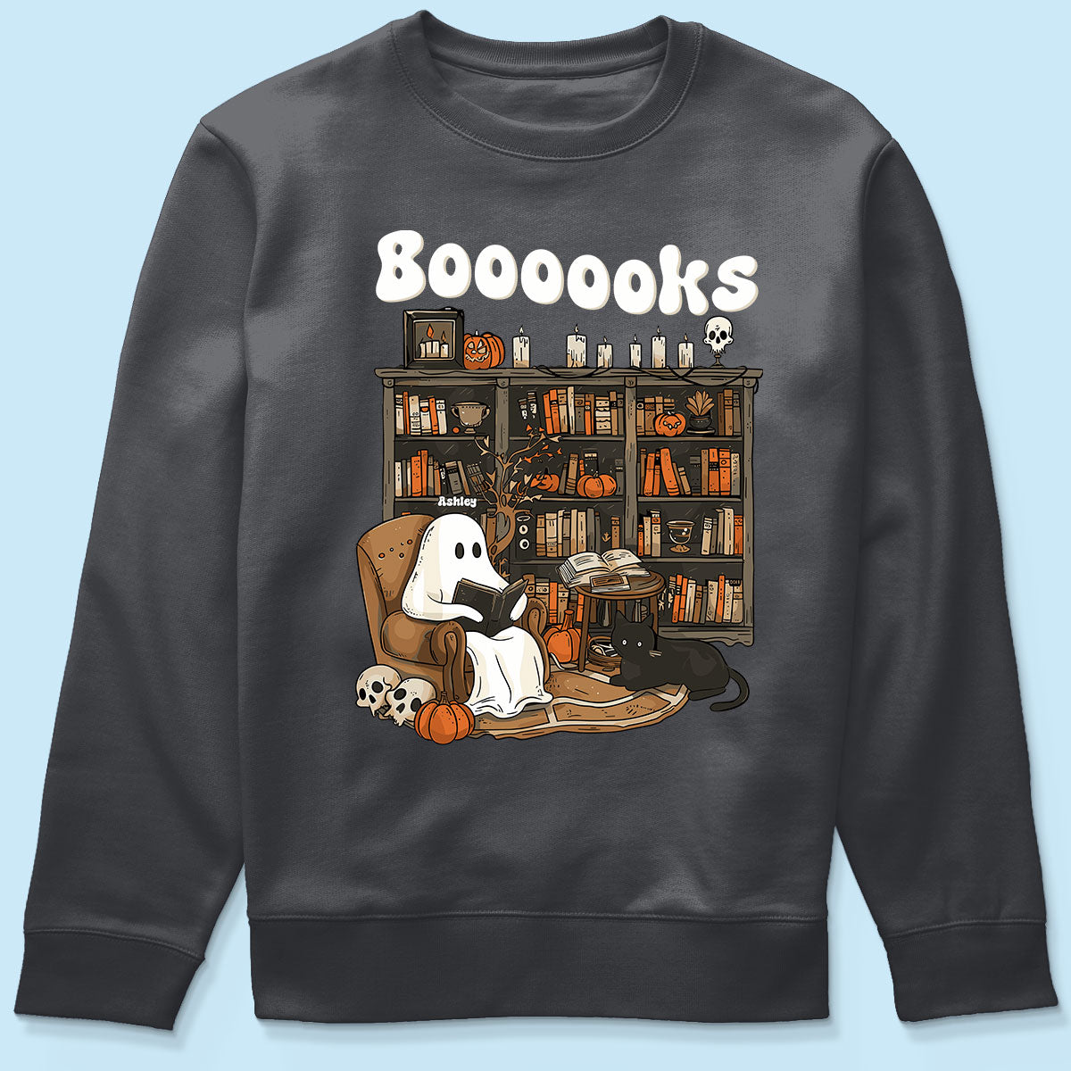 Booooks Retro Ghost Reading Books Personalized Halloween Shirt for Book Lover, Librarian, Teacher