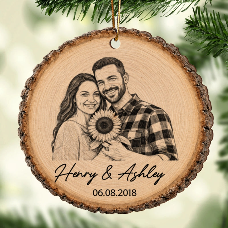 Sketch Style Couple Forever Love Custom Photo - Personalized Wooden Ornament - Christmas Gift, Anniversary Gift For Couple