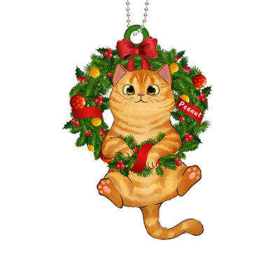Fluffy Cat On Christmas Wreath Personalized Wooden Ornament