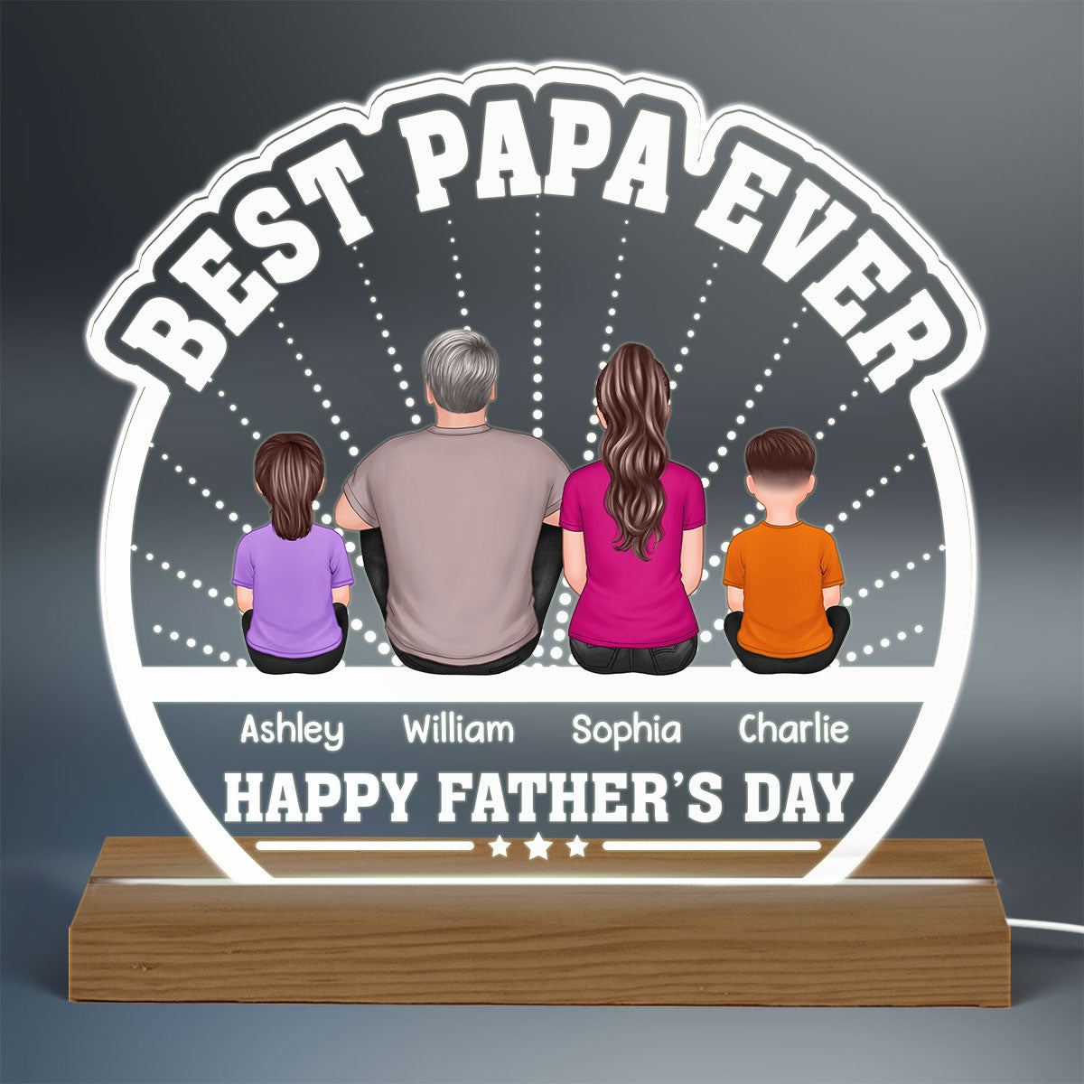 Best Papa Ever Back View Man Kids Dog Cat Personalized Custom Shaped Acrylic Plaque With Warm LED Night Light