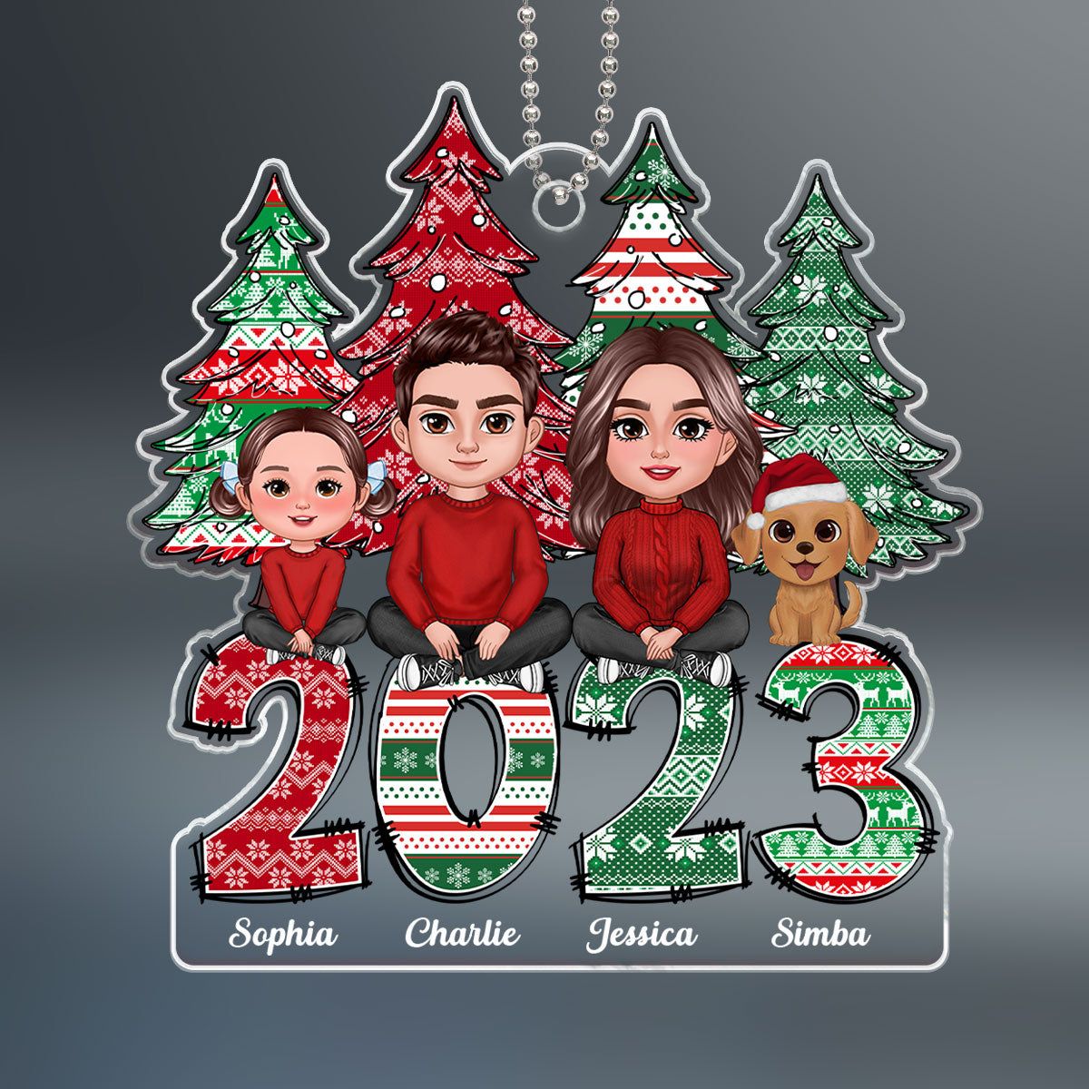 Ugly Sweater Pattern Family Sitting Crossed Legs Personalized Acrylic Ornament