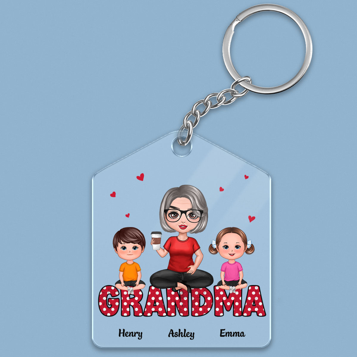 Grandma Polka Dot Pattern Doll Woman & Kids Sitting On Word Personalized Acrylic Keychain