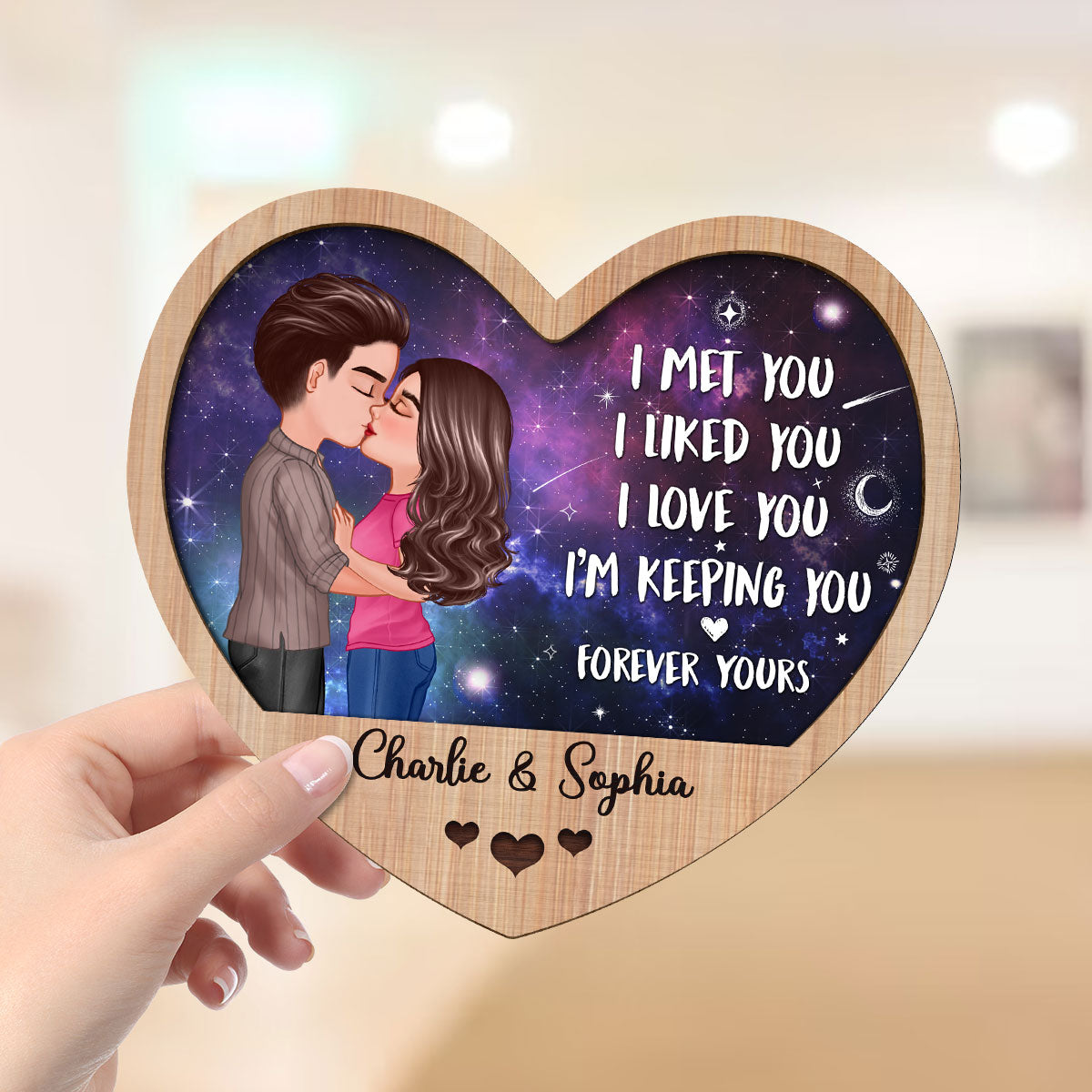 Galaxy Night Couple Kissing I Met You Personalized 2-Layer Wooden Plaque