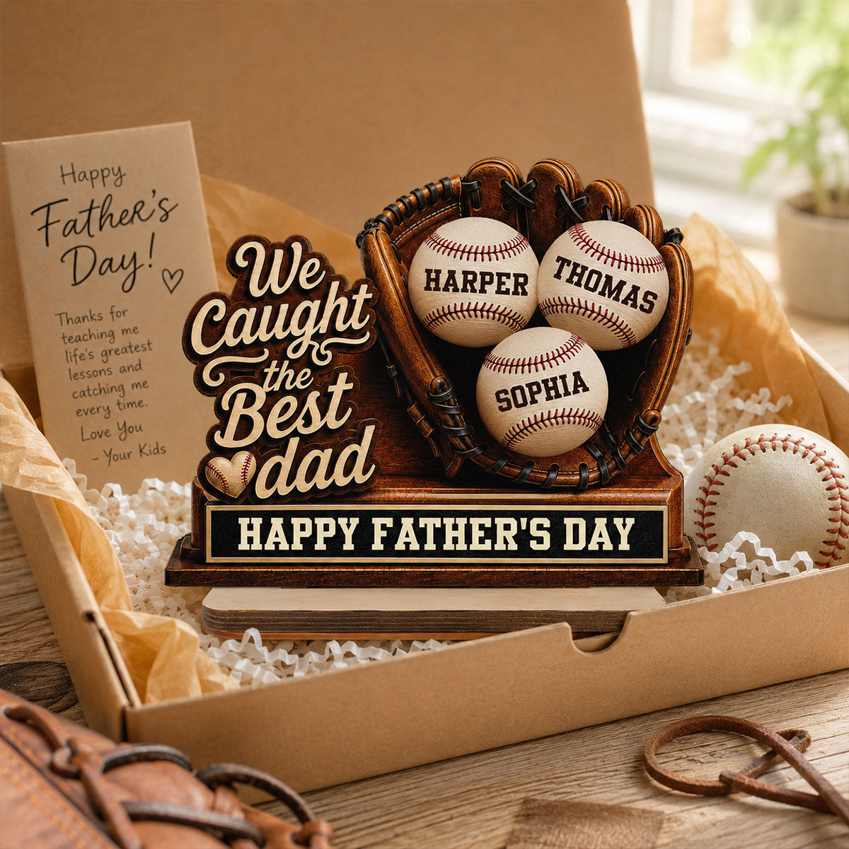 We Caught The Best Dad Baseball In Glove - Personalized 2-Layered Wooden Plaque - Happy Father's Day For Baseball Dad