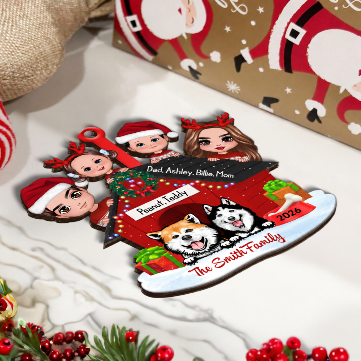 Family And Dogs Christmas - Personalized Wooden Ornament
