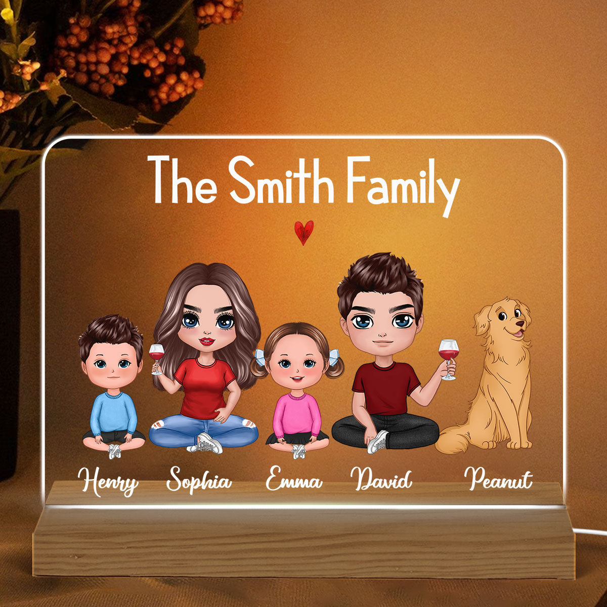 Whole Family Doll Couple Dad Mom Kids Dogs Cats Sitting Personalized Warm Custom Shape Acrylic Plaque LED Night Light