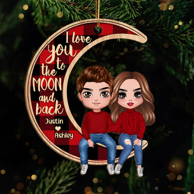 Couple Sitting On Moon Christmas Personalized Wooden Ornament