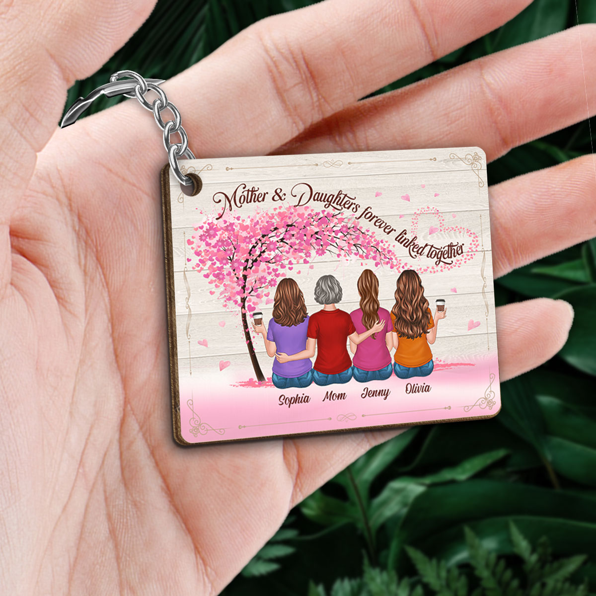 Back View Mother And Daughters Under Pink Tree Personalized Wooden Keychain