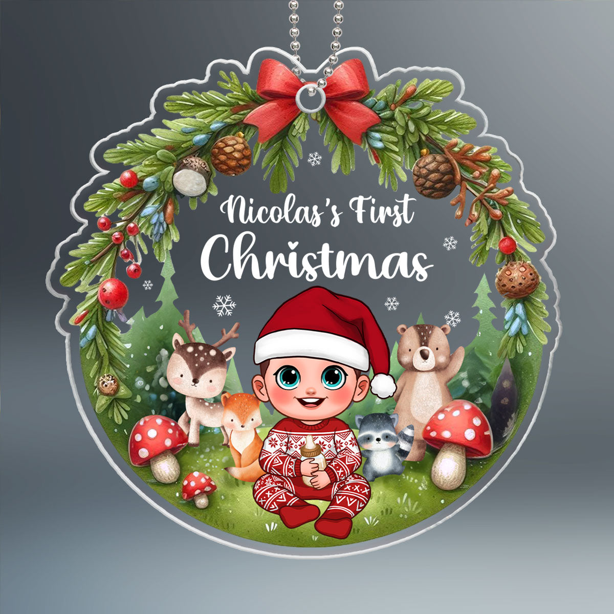 Animated Woodland Animals Baby's First Christmas Personalized Acrylic Ornament