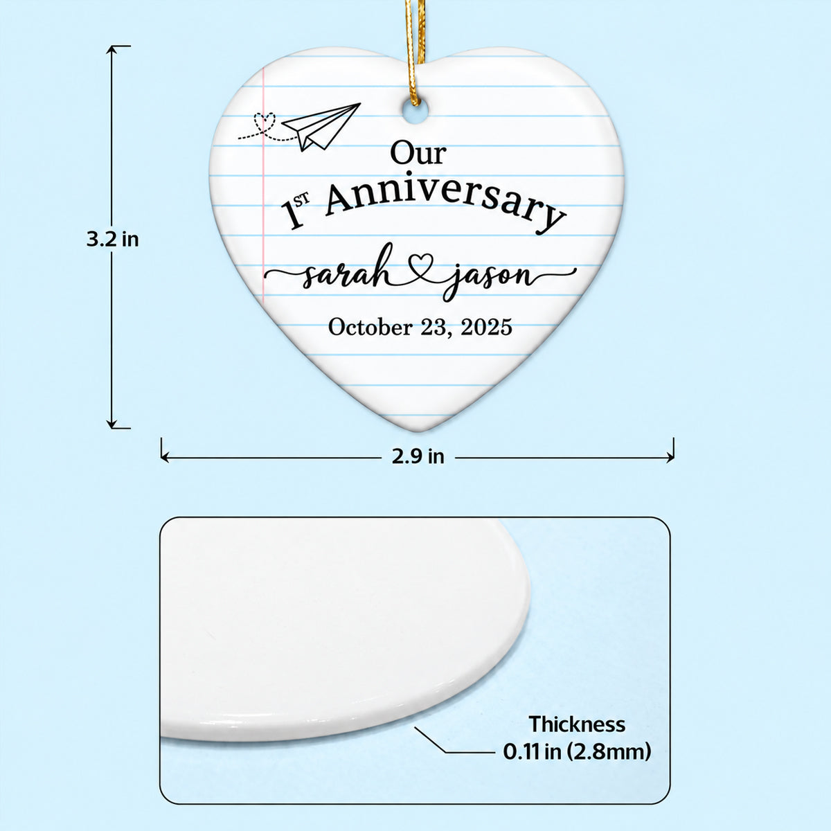 1st Wedding Anniversary Paper Anniversary - Personalized Heart Ceramic Ornament - First Year Keepsake Gift For Him Gift For Her