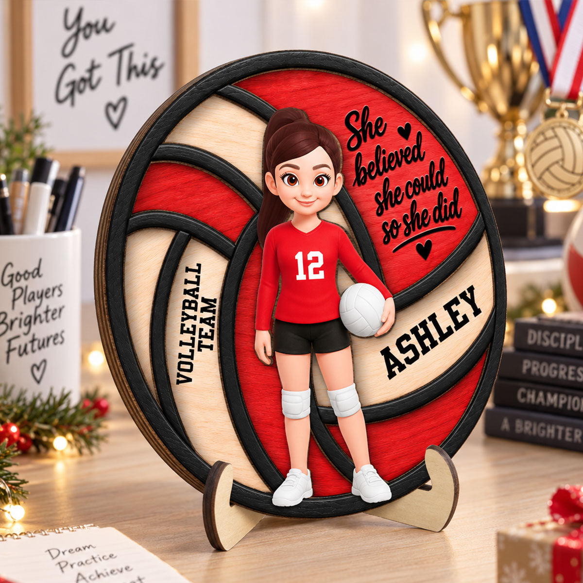 Proud Volleyball Player Custom Name And Number - Personalized 2-Layered Wooden Plaque - Christmas Gift For Teenagers, Volleyball Players, Daughter, Granddaughter, Son, Grandson