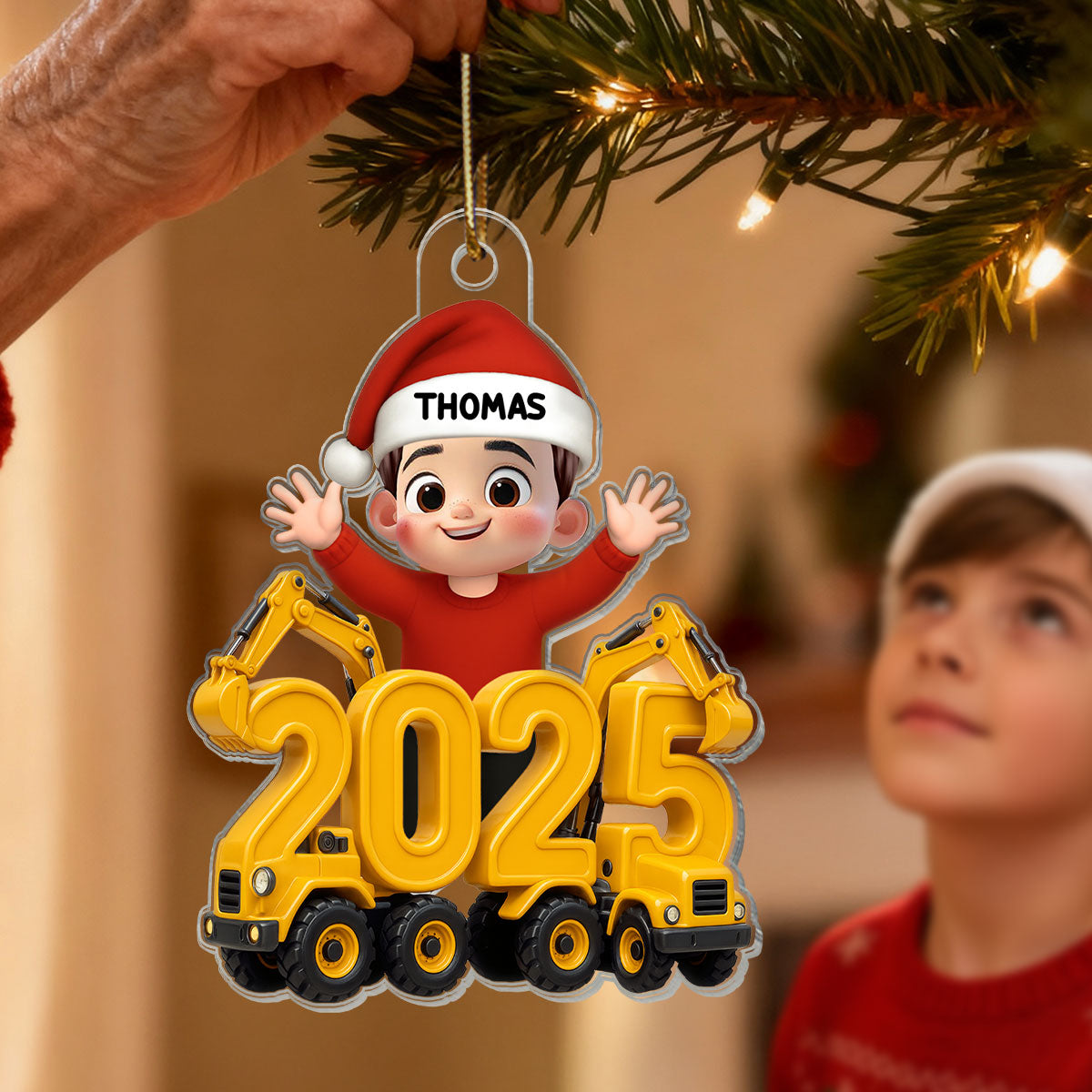 3D Effect Happy Kid With Excavator Numbers - Personalized Acrylic Ornament - Christmas Gift For Kids, Grandkids, Granddaughter, Grandson