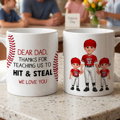 Thank You For Teaching Us To Hit & Steal Baseball Dad & Kids Standing - Personalized Mug - Father's Day Gift For Dad, Husband