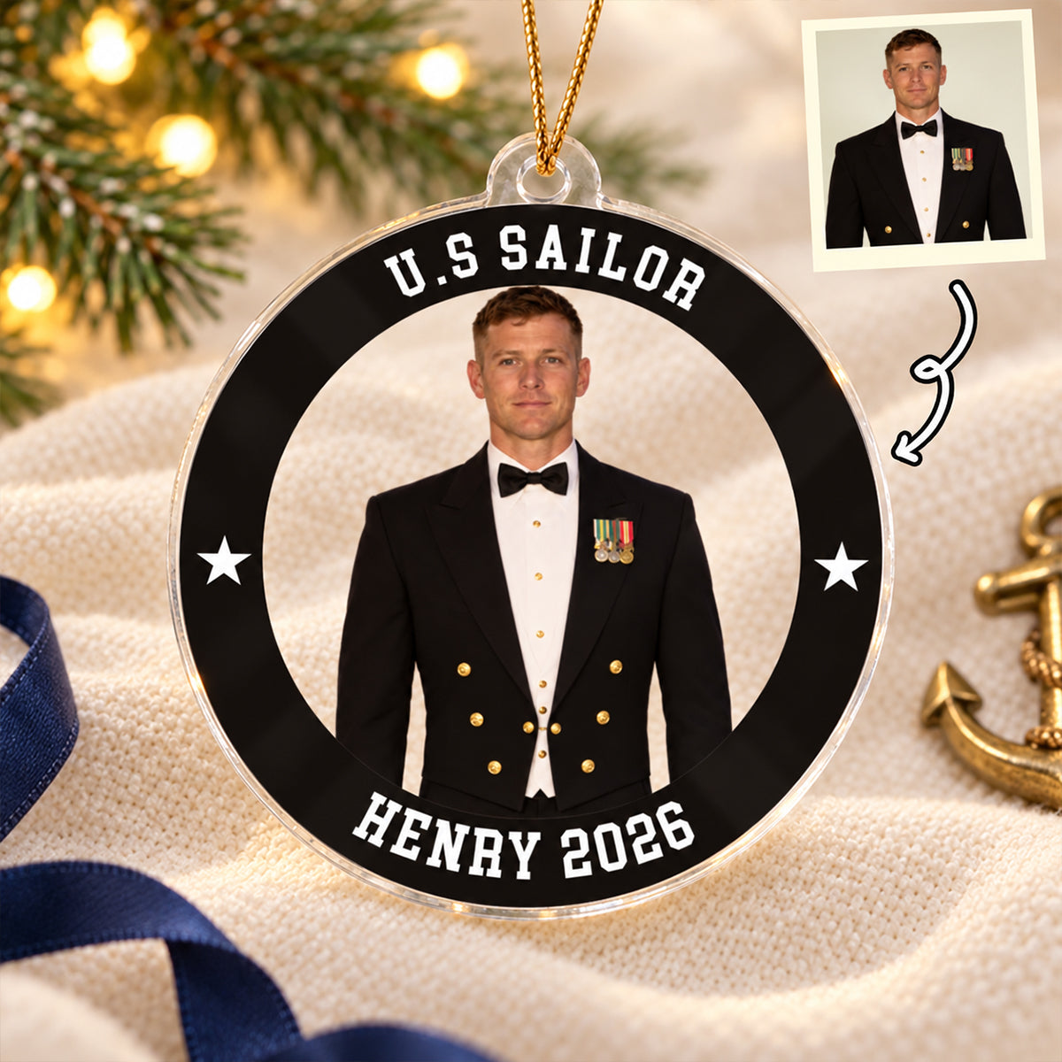 Custom Photo Navy Uniform – Personalized Acrylic Ornament – Proud Navy Mom Dad Keepsake, Christmas Gift for Military Family