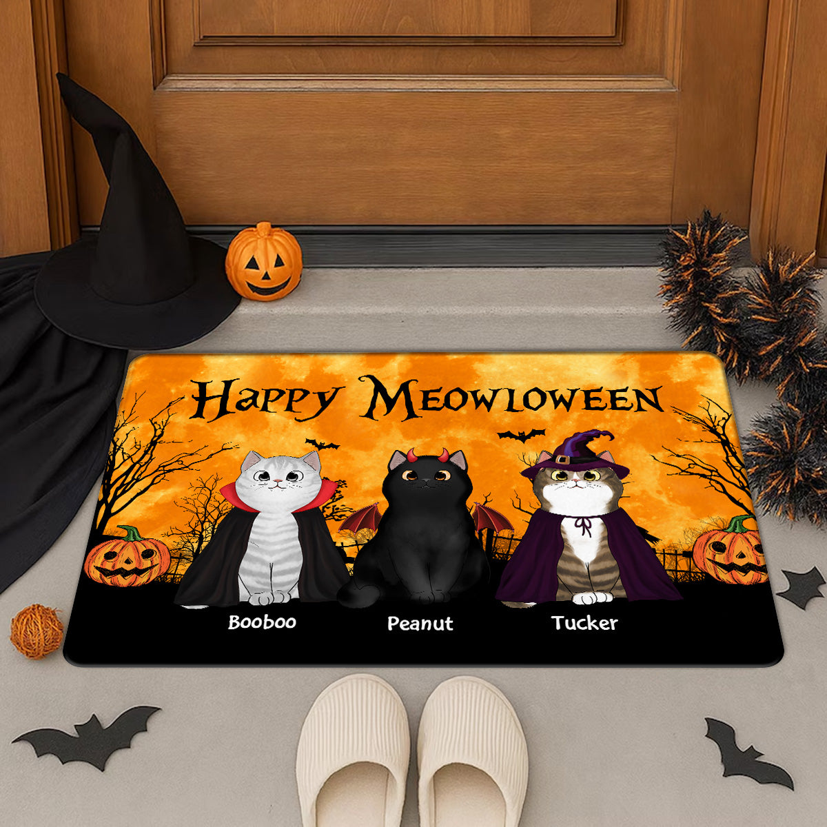 Happy Meowloween Halloween Moon Light Bat Tree Spooky Cat Personalized Doormat, Purrfect Decor for Cat Lover