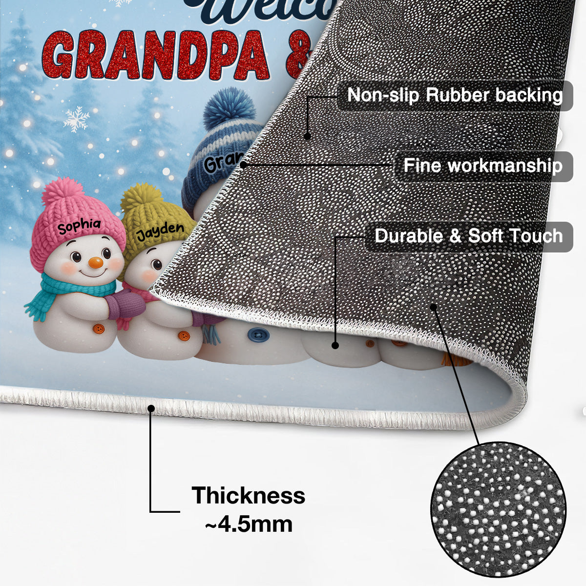 3D Effect Christmas Grandma Grandpa Grandkids Snowman Together - Personalized Doormat