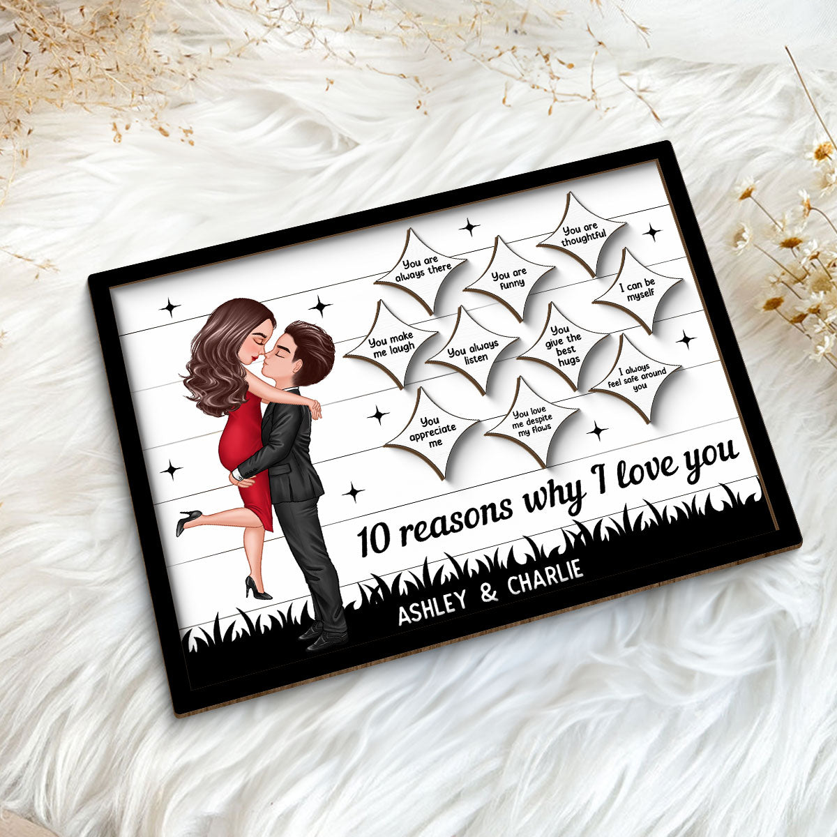 Couple Kissing Star Sky Reasons I Love You Personalized 2-layer Wooden Plaque