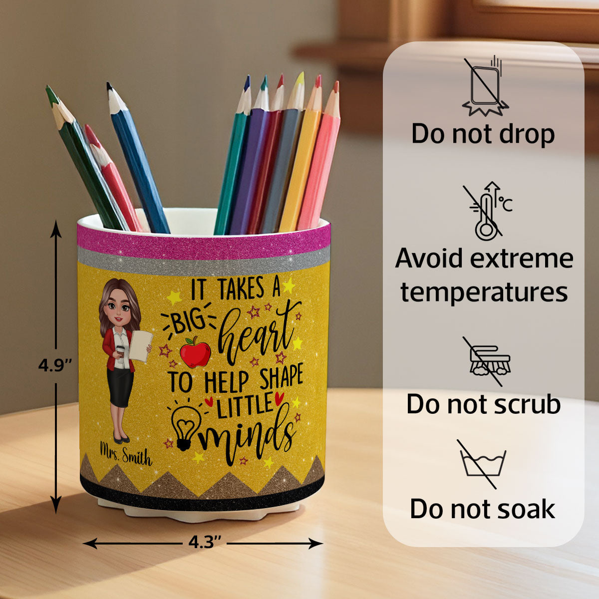 It Takes A Big Heart to Help Shape Little Minds Personalized Rotating Pen Holder, Teacher Appreciation Gift, Back To School Gift