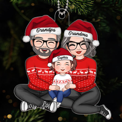 Doll Grandma Grandpa Sitting Hugging Granddaughter Grandson Personalized Acrylic Ornament