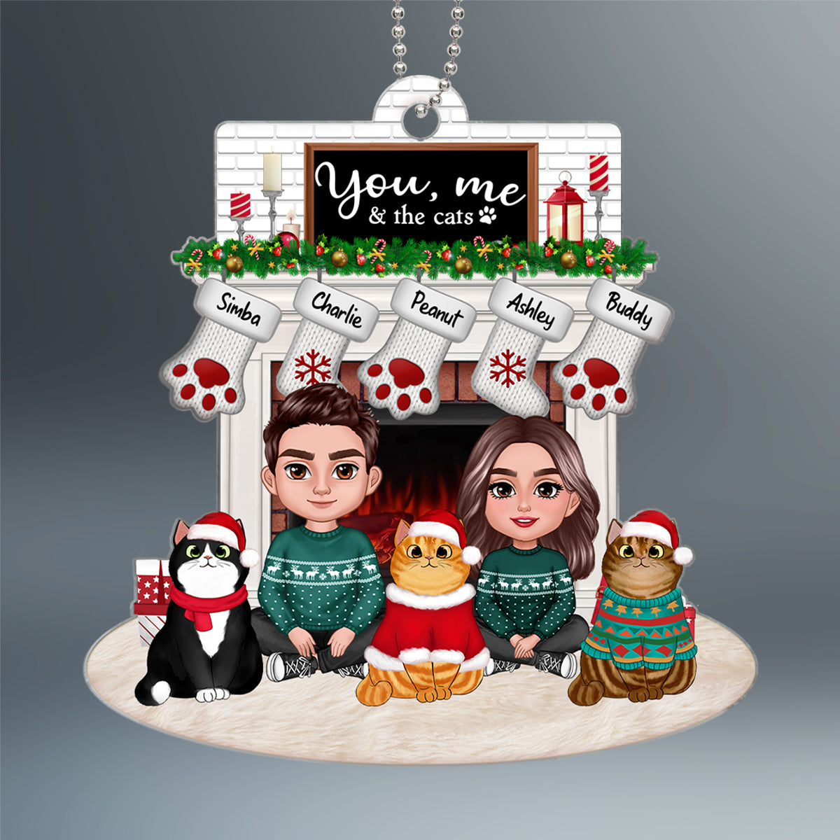 You Me & The Cats Couple Crossed Legs & Fluffy Cats Sitting At Christmas Fireplace Personalized Acrylic Ornament
