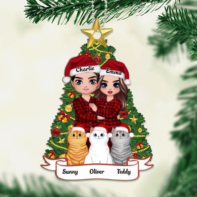 Pajamas Doll Couple Standing With Cats Personalized Wooden Ornament
